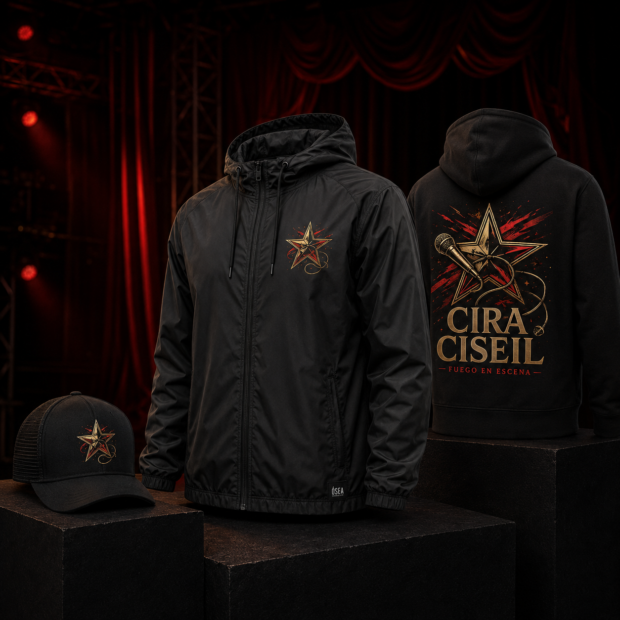 Cira Ciseil Fuego en escena rompeviento hoodie gorra