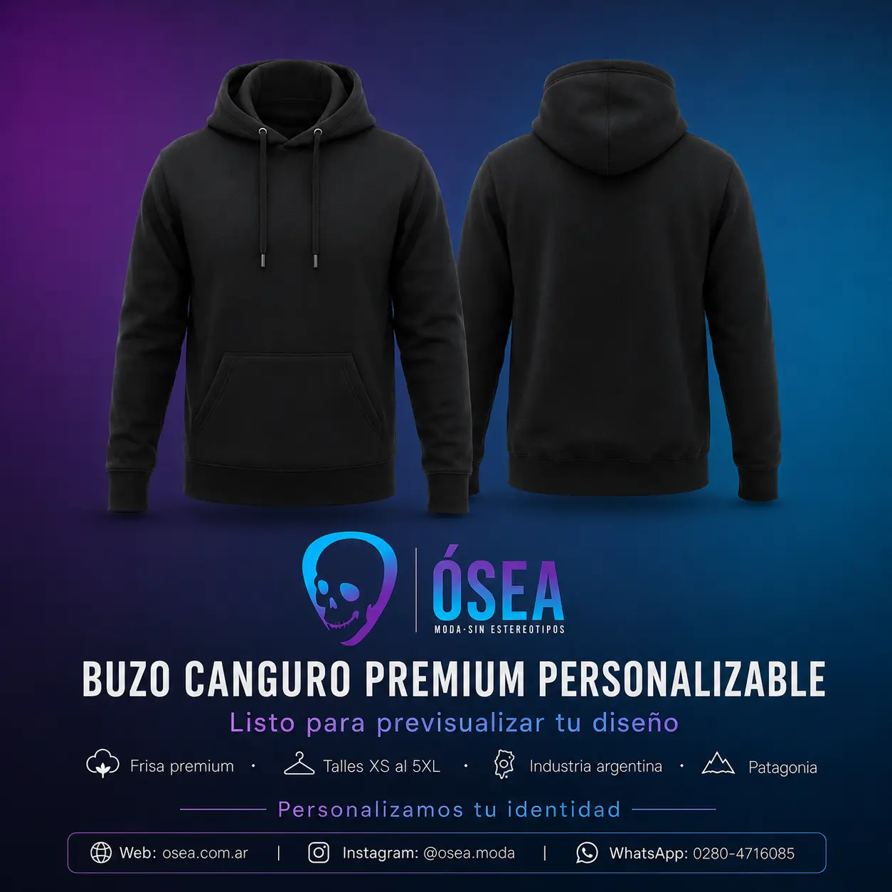 Buzo canguro premium negro personalizable